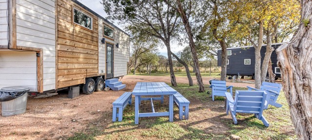 Santorini-Style Tiny Home | Cobalt Blues, Fire Pit & Hill Country Stars in Blanco